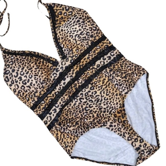 Leopard V Neck Mesh One Piece Large Swimsuit Swimwear Slimming Bathing Suits - Picture 2 of 7